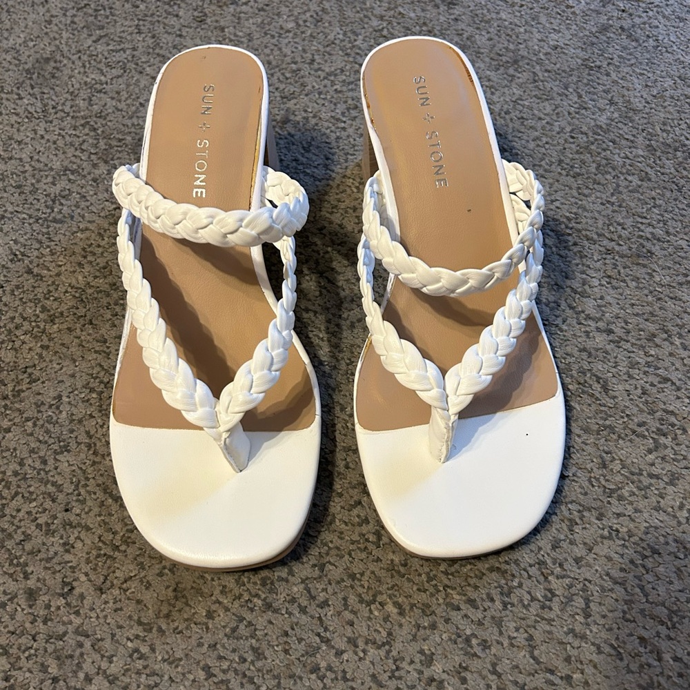 Sun & Stone braided thong white block heel sandals. NWOT